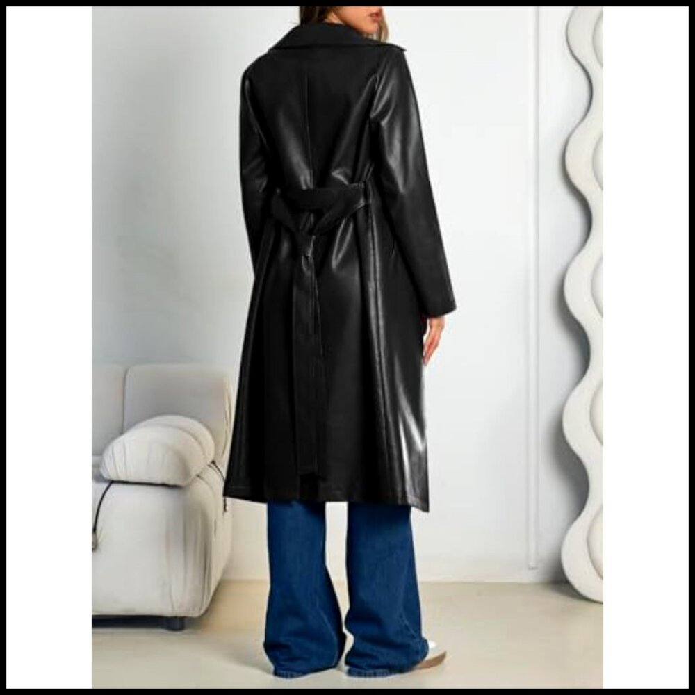 Faux Leather Trench Coat Classic Elegant Open Front Belted Long Jacket - Picture 4 of 6
